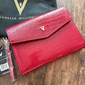 VENESSA WILLIAMS Red Crocodile Embossed Clutch Bag with Handle. Gold logo! Snap!